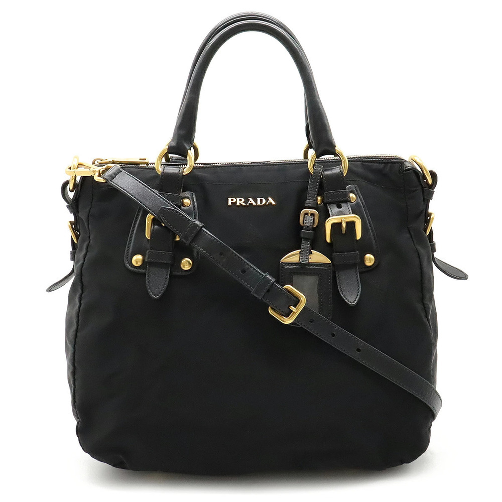 Prada Jacquard Tote Bag Shoulder Carry Leather NERO Black
